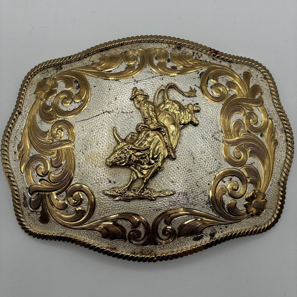 Vintage Durango German Silver Bull Rider Rodeo Cowboy Western Belt Buckle